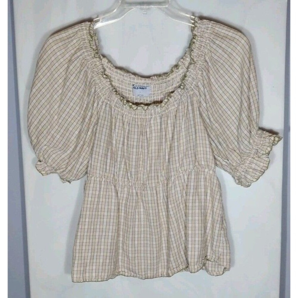 Old Navy Babydoll Top L Beige Smocked Square Neck Puff Sleeve Milkmaid Peasant